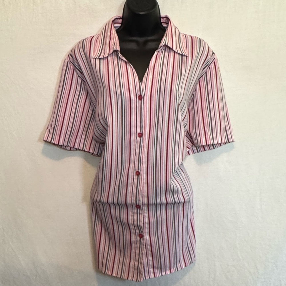 G-1 Notations PLUS SIZE 1X Red Black Pink & White Stripe Short‎ Sleeve Blouse